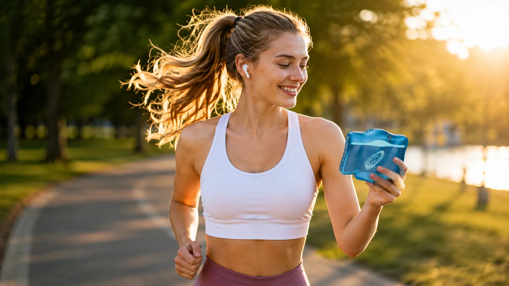 A runner on a park path at golden hour, looking at the device held in her hand