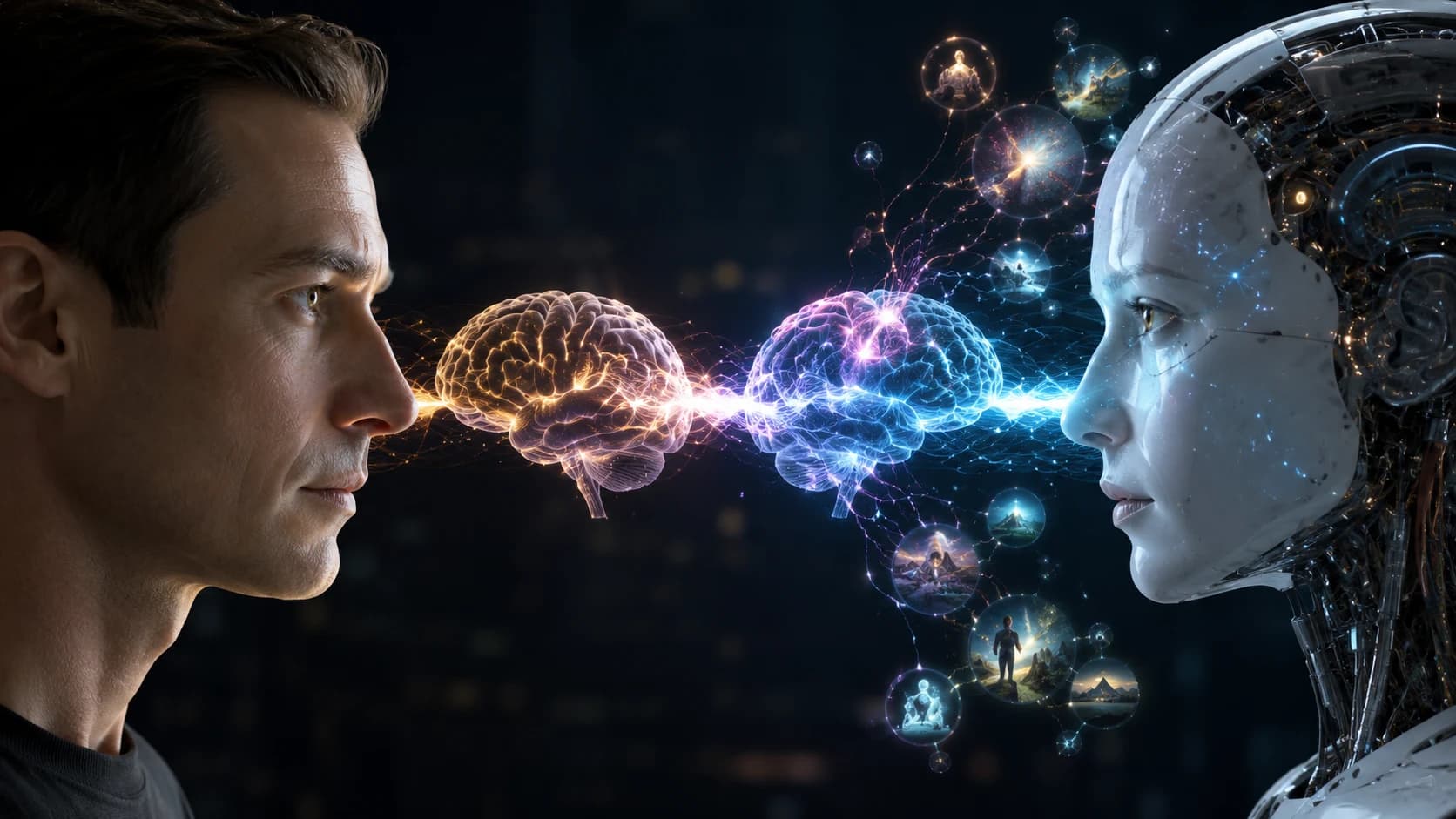 A human and a machine facing each other, their glowing brains joined by a bridge of light