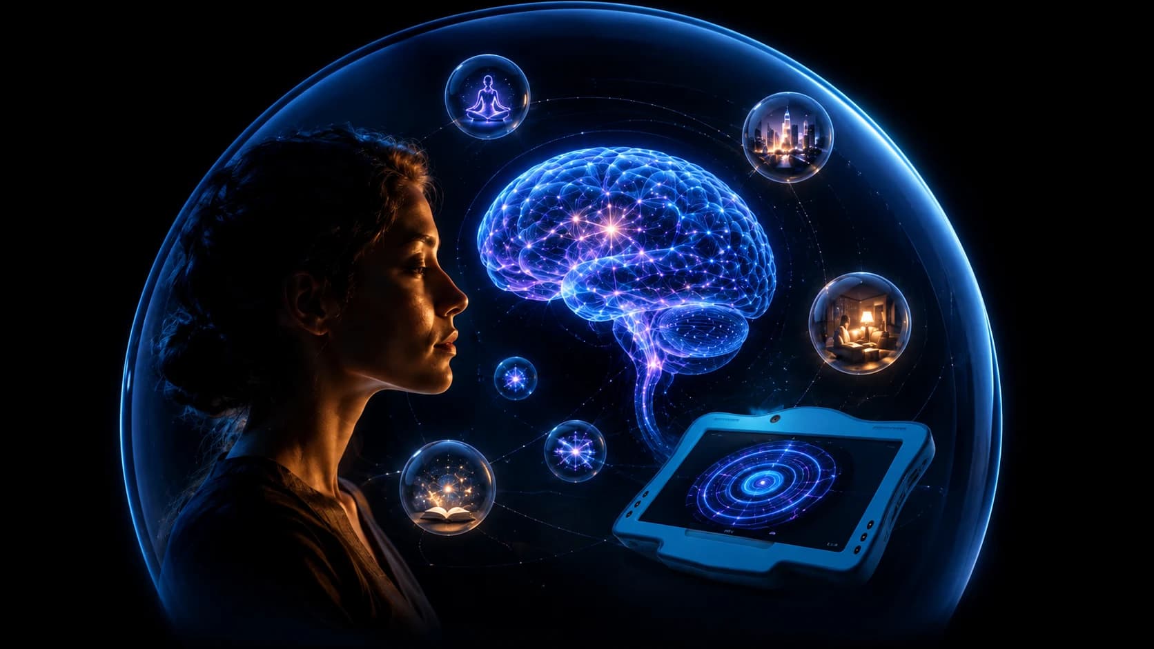 A person and their device enclosed together inside a sealed dome of light, with nothing leaving it