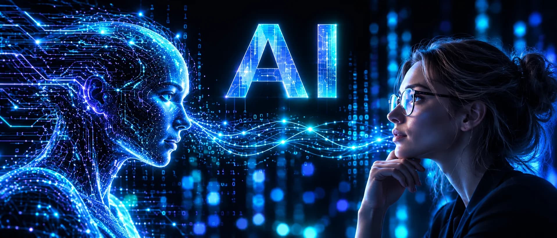 A glowing digital humanoid head facing a woman in glasses, a stream of light particles flowing between them beneath the letters AI
