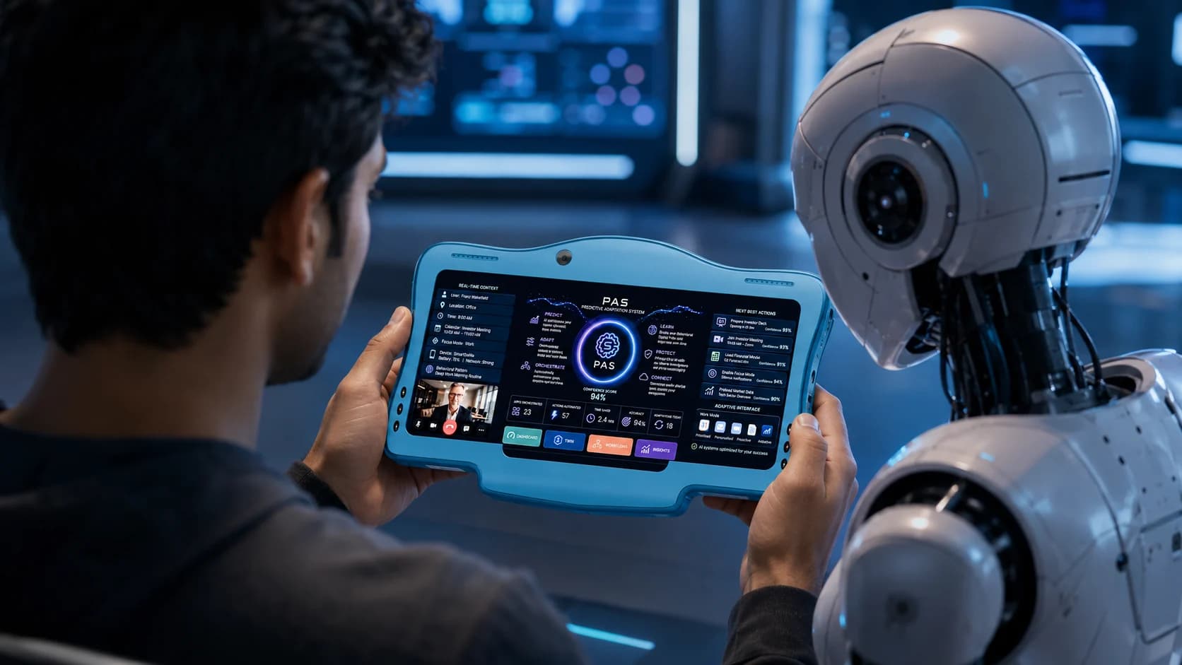 A person reading the device interface, with a machine assistant alongside