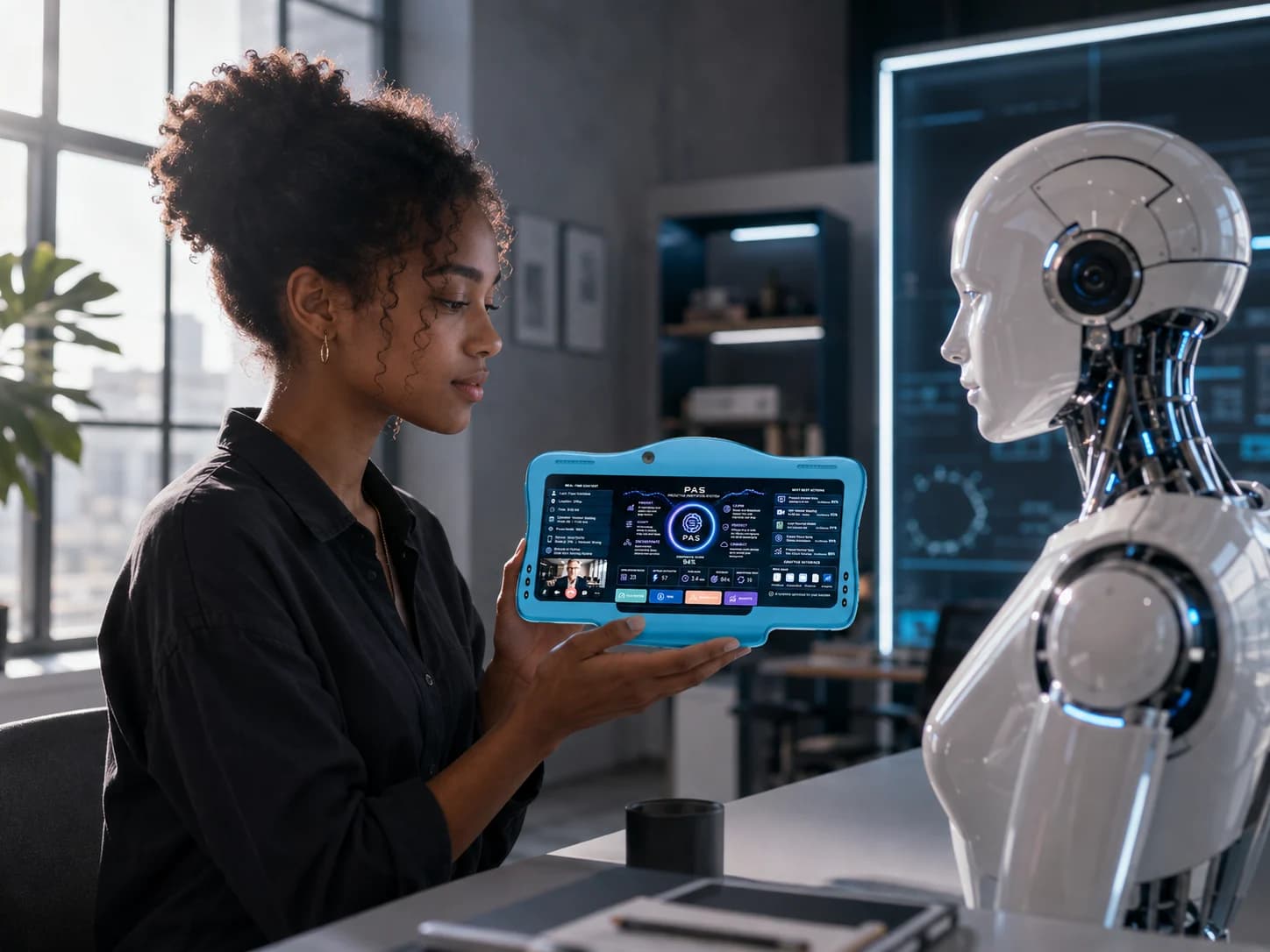A person and a machine assistant looking at the same device together