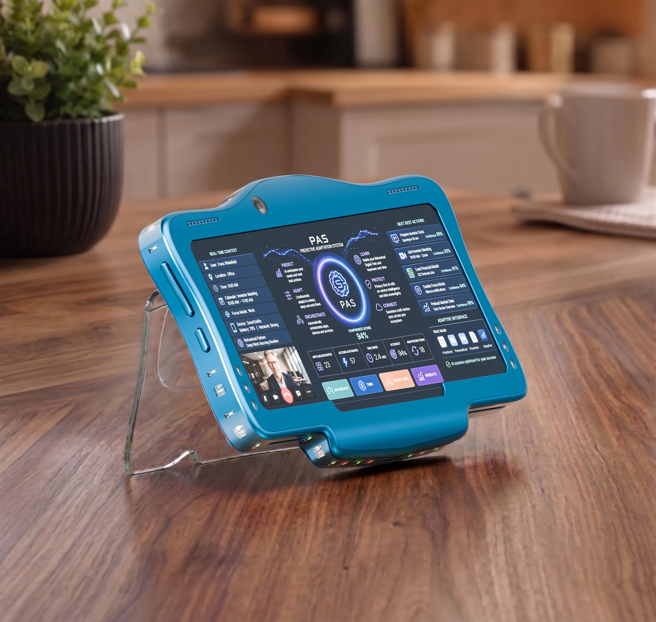 SmartSelfie standing on a wooden table with its rear kickstand open, running the Predictive Adaptation System interface