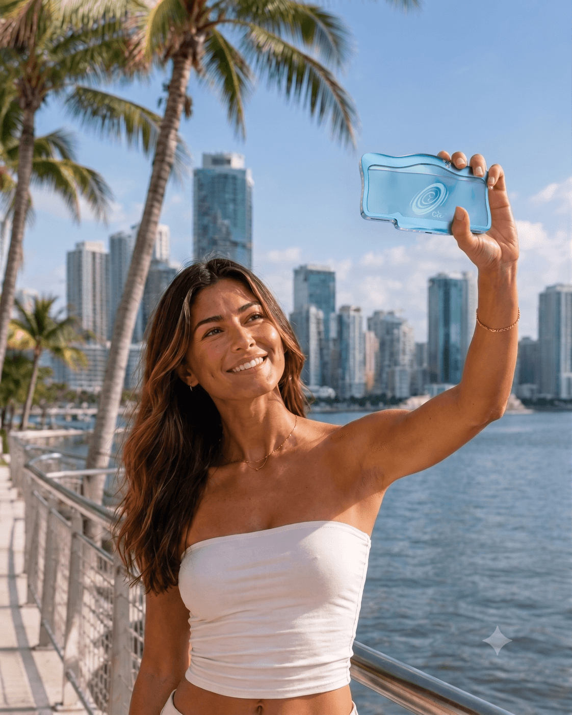 SmartSelfie held naturally in one hand, showing grip contact with the sensing perimeter