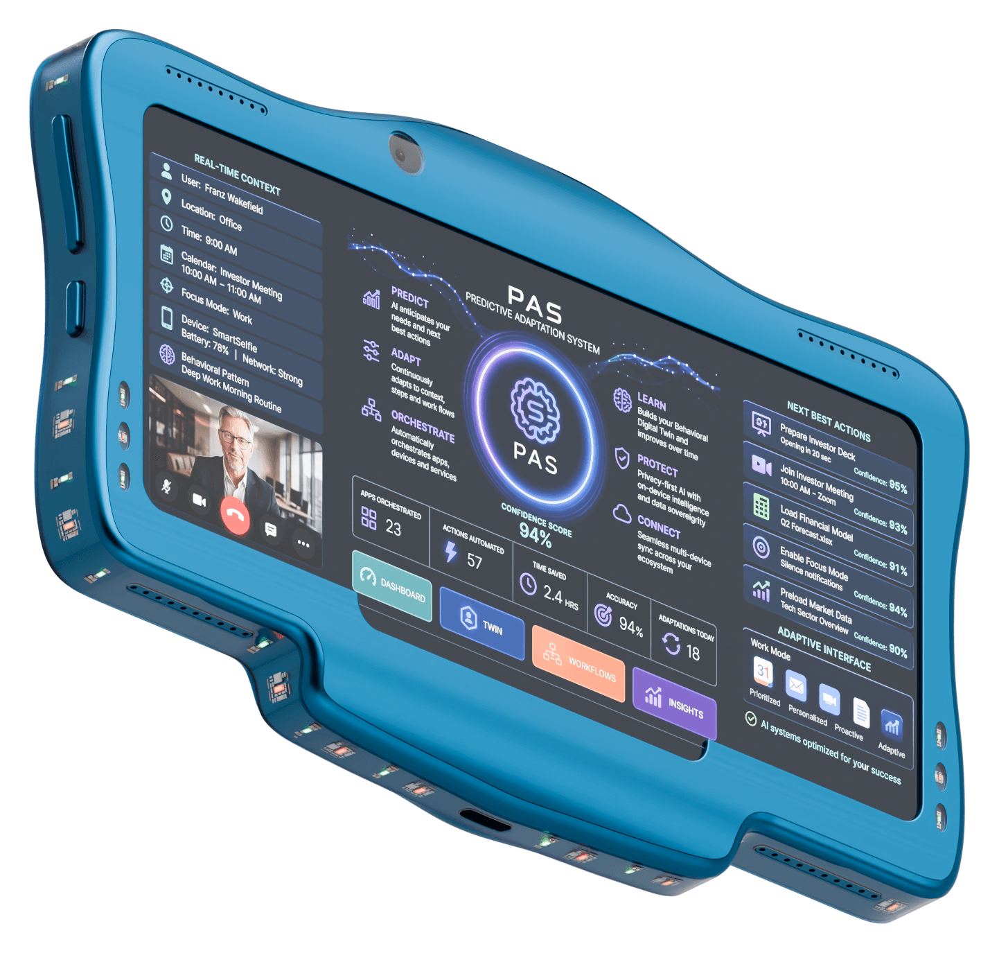 The full SmartSelfie device at an angle, sensor modules visible along every edge, running the Predictive Adaptation System interface